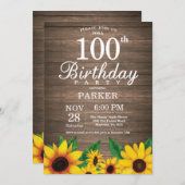 Rustikale Sonnenblume 100. Geburtstag Einladung (Vorne/Hinten)