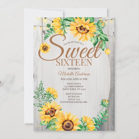 Rustikale Sonnenblume 16 . Geburtstag Einladung (Vorderseite)