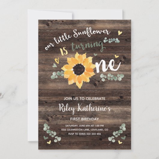 Rustikale Sonnenblume 1. Geburtstag Einladung (Vorderseite)
