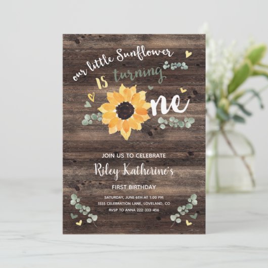 Rustikale Sonnenblume 1. Geburtstag Einladung (Stehend Vorderseite)