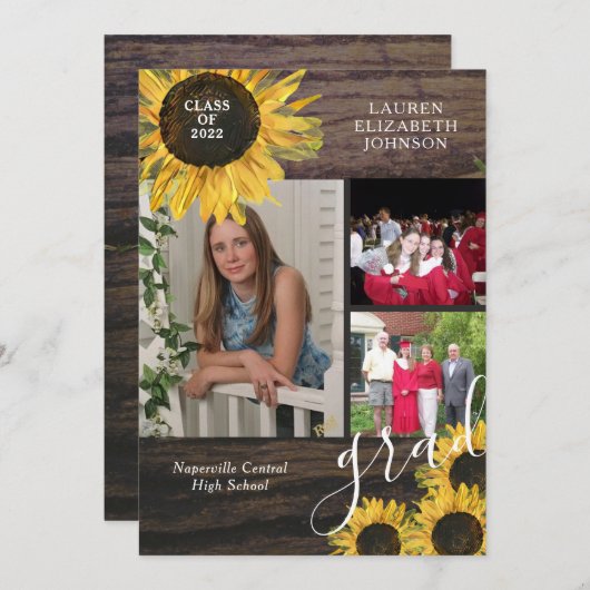 Rustikale Sonnenblume 3 Foto Abschluss Annoucement Ankündigung (Vorne/Hinten)