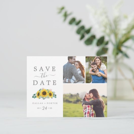 Rustikale Sonnenblume 3 Foto Collage Save the Date Einladungspostkarte (Stehend Vorderseite)