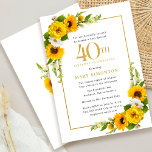 Rustikale Sonnenblume 40. Geburtstag Party Einladung<br><div class="desc">Hübsche gelbe Sonnenblume Blüte 40. Geburtstag Party Einladung. Gelbe Pfannenbäume und weiße Molkereien vermischen sich mit den Sonnenblumen. Ein rechteckiger goldfarbener Rahmen verleiht ihm ein elegantes Ambiente. Die 40. Geburtstagsfeier und der Name des Jubiläums sind in Gold geschrieben. Sehr einfach zu anpassen. Dieser Rücken ist weiß mit einem Sonnenblumenstrauß. Das...</div>