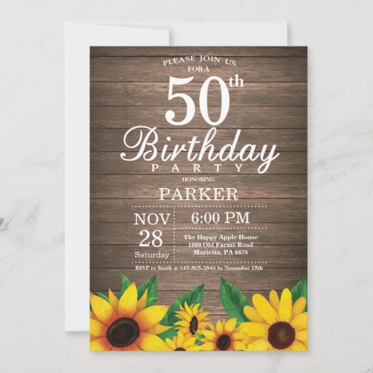 Rustikale Sonnenblume 50. Geburtstag Einladung (Vorderseite)