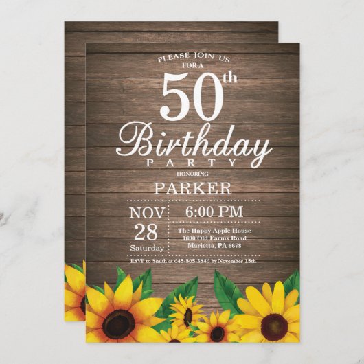 Rustikale Sonnenblume 50. Geburtstag Einladung (Vorne/Hinten)