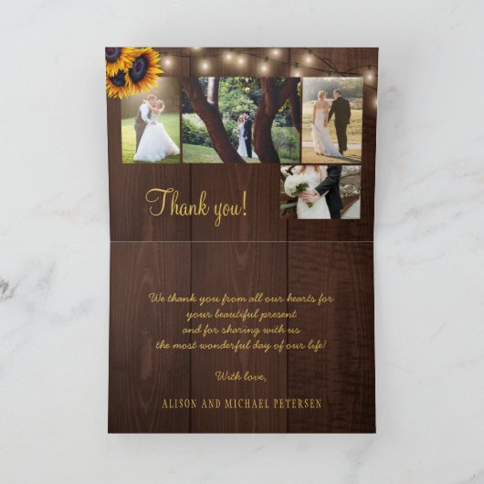 Rustikale Sonnenblume 5 Foto Collage Hochzeit Dankeskarte (Innenseite)