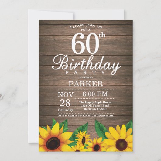 Rustikale Sonnenblume 60. Geburtstag Einladung (Vorderseite)