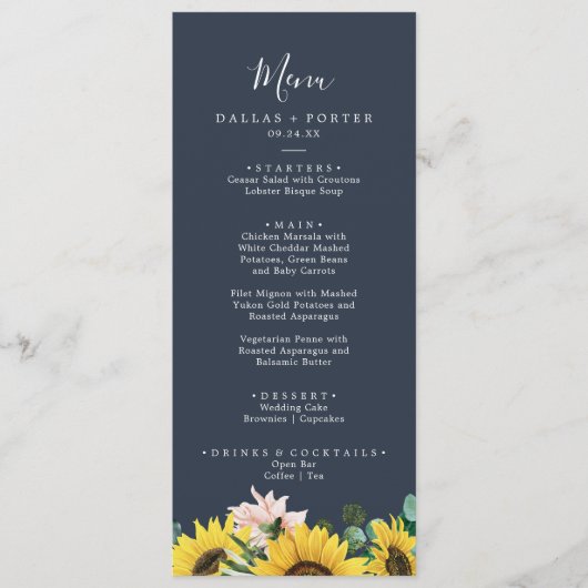 Rustikale Sonnenblume | Abendmenü für Hochzeiten Menükarte (Vorderseite)