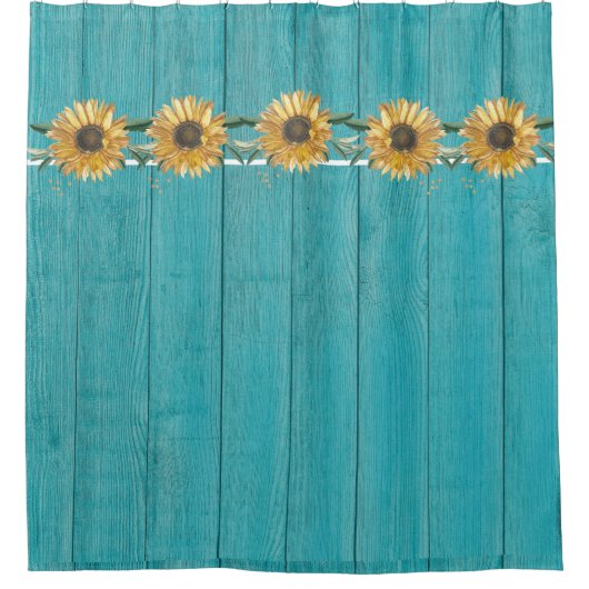 Rustikale Sonnenblume Aquamarin Blauer Barnholz La Duschvorhang (Vorderseite)