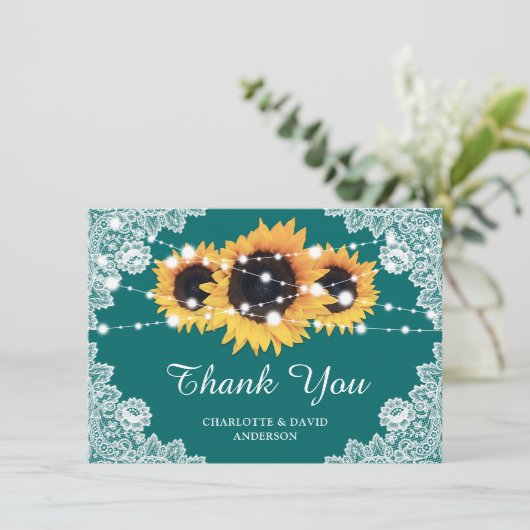 Rustikale Sonnenblume Aquamarin Hochzeit Dankeschö Dankeskarte (Stehend Vorderseite)