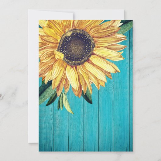 Rustikale Sonnenblume Aquamarines Holz Hochzeitsst Einladung (Rückseite)