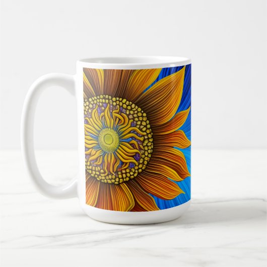 Rustikale Sonnenblume auf blau Kaffeetasse (Links)