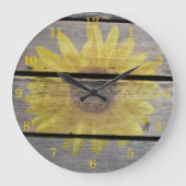 Rustikale Sonnenblume auf Holz Große Wanduhr (Vorderseite)