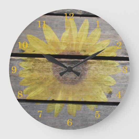 Rustikale Sonnenblume auf Holz Große Wanduhr (Vorderseite)