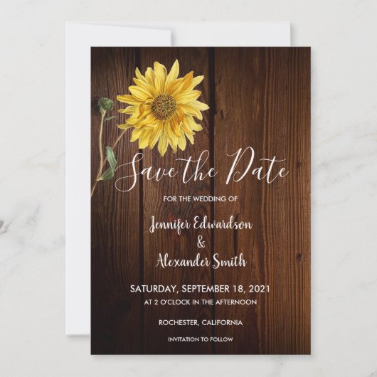 Rustikale Sonnenblume auf Stallenholz Hochzeit Save The Date (Vorderseite)
