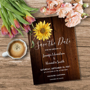 Rustikale Sonnenblume auf Stallenholz Hochzeit Save The Date