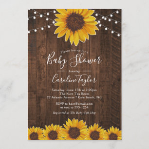 Rustikale Sonnenblume Babydusche mit String Lights Einladung