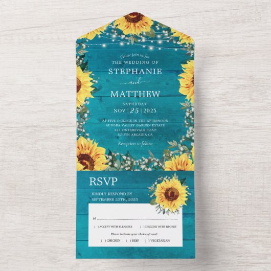 Rustikale Sonnenblume Babys Atembräune Aqua Hochze All In One Einladung (Innen Boden)