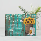 Rustikale Sonnenblume Barrel Aquamarin Barn Cowgir Einladung (Stehend Vorderseite)