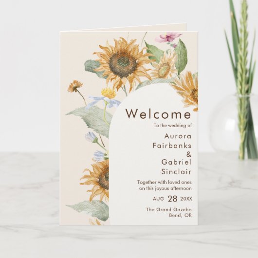 Rustikale Sonnenblume Beige Arch Wedding geklappt Programm (Vorderseite)