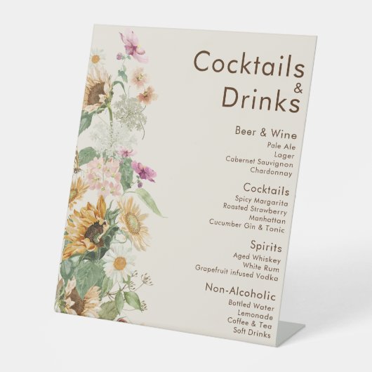 Rustikale Sonnenblume Beige Hochzeitsgetränke Bar  Sockelschild (Vorderseite)