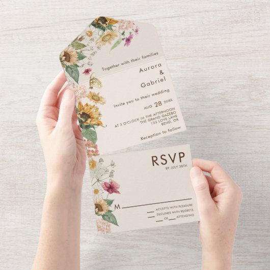 Rustikale Sonnenblume Beige Moderne Hochzeit All In One Einladung (Abreißen)