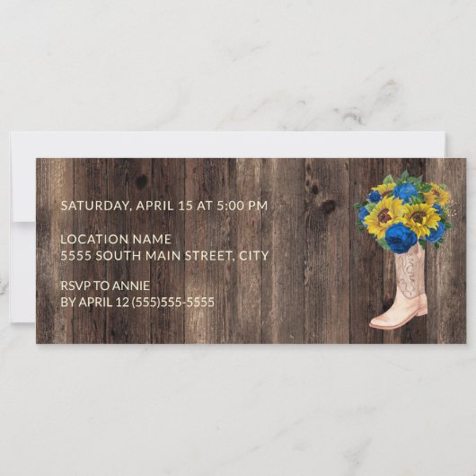 Rustikale Sonnenblume Blaue Rose Boot Quinceañera  Einladung (Rückseite)