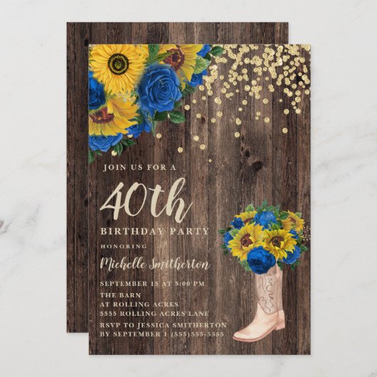 Rustikale Sonnenblume Blaue Rose Stiefel 40. Gebur Einladung (Vorne/Hinten)