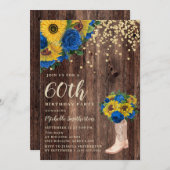 Rustikale Sonnenblume Blaue Rose Stiefel 60. Gebur Einladung (Vorne/Hinten)