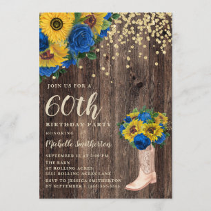 Rustikale Sonnenblume Blaue Rose Stiefel 60. Gebur Einladung