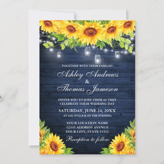 Rustikale Sonnenblume Blauer Holz Mason Jar Lights Einladung (Vorderseite)