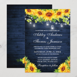 Rustikale Sonnenblume Blauer Holz Mason Jar Lights Einladung