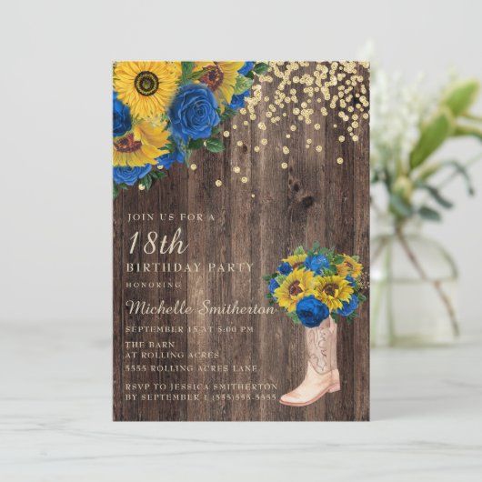 Rustikale Sonnenblume Blauer Rose Stiefel 18. Gebu Einladung (Stehend Vorderseite)