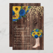 Rustikale Sonnenblume Blauer Rose Stiefel Sweet 16 Einladung (Vorne/Hinten)