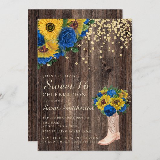 Rustikale Sonnenblume Blauer Rose Stiefel Sweet 16 Einladung (Vorne/Hinten)