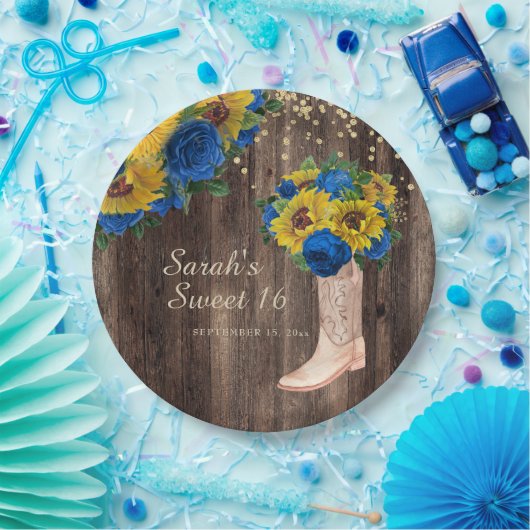 Rustikale Sonnenblume Blauer Rose Stiefel Sweet 16 Pappteller (Party)