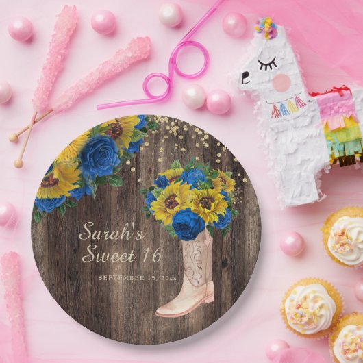 Rustikale Sonnenblume Blauer Rose Stiefel Sweet 16 Pappteller (Party)