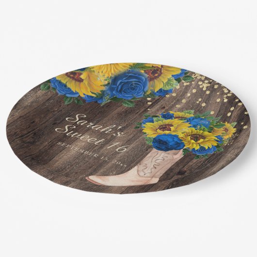 Rustikale Sonnenblume Blauer Rose Stiefel Sweet 16 Pappteller (Schrägansicht)