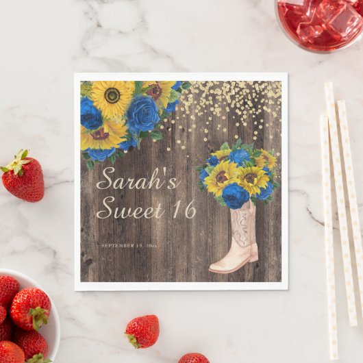 Rustikale Sonnenblume Blauer Rose Stiefel Sweet 16 Serviette (Beispiel)