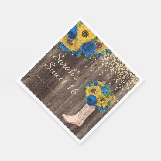 Rustikale Sonnenblume Blauer Rose Stiefel Sweet 16 Serviette (Ecke)