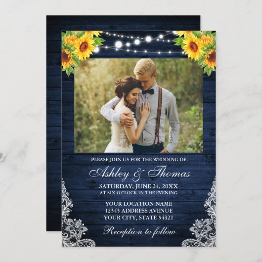 Rustikale Sonnenblume Blütenblume Blauer Foto Einladung (Vorne/Hinten)