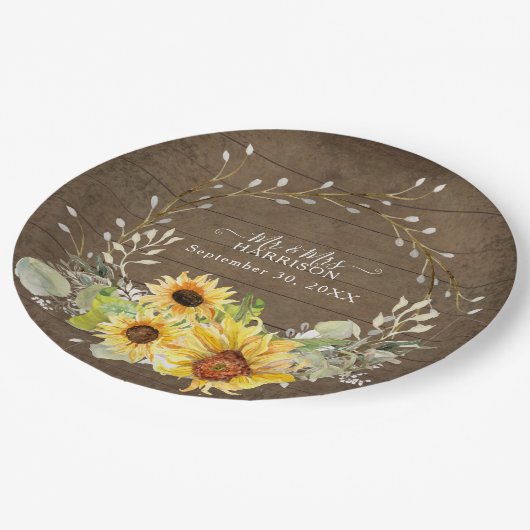 Rustikale Sonnenblume BOHO Aquarellpflanze Pappteller (Schrägansicht)