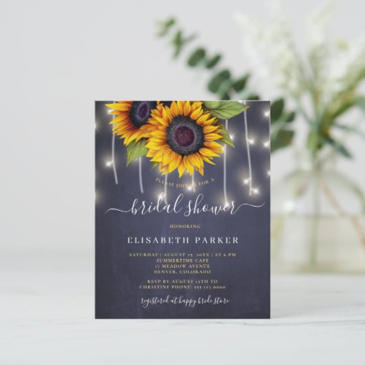 Rustikale Sonnenblume Budget Braudusche Einladung (Stehend Vorderseite)