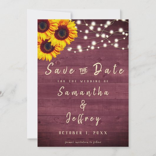 Rustikale Sonnenblume Burdundy Wood Wedding Save The Date (Vorderseite)