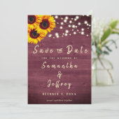 Rustikale Sonnenblume Burdundy Wood Wedding Save The Date (Stehend Vorderseite)