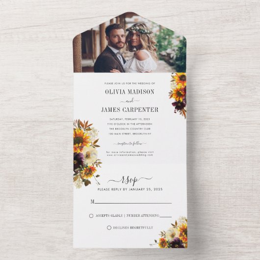 Rustikale Sonnenblume Burgund Foto Hochzeit mit Bl All In One Einladung (Innen Boden)