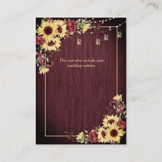 Rustikale Sonnenblume Burgund Holz Blumendetails Begleitkarte (Rückseite)