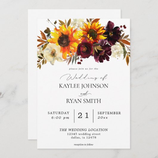 Rustikale Sonnenblume & Burgund, Lila Blumenhochze Einladung (Vorne/Hinten)