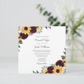 Rustikale Sonnenblume Burgund Rose Eukalyptus Wedd Einladung (Stehend Vorderseite)