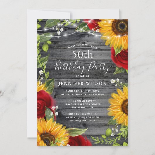 Rustikale Sonnenblume Burgund Rose Wood Birthday P Einladung (Vorderseite)